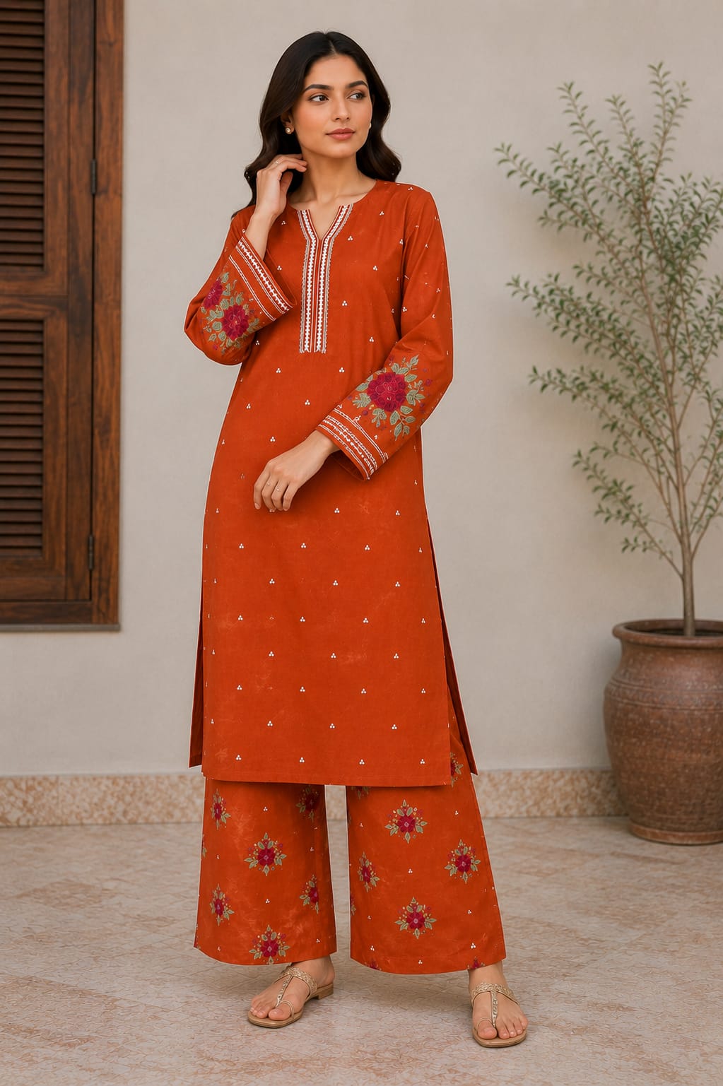 LALE Premium Embroidered Lawn 2-Piece Suit – Magenta - Rust Orange - #LAL-MAG-001