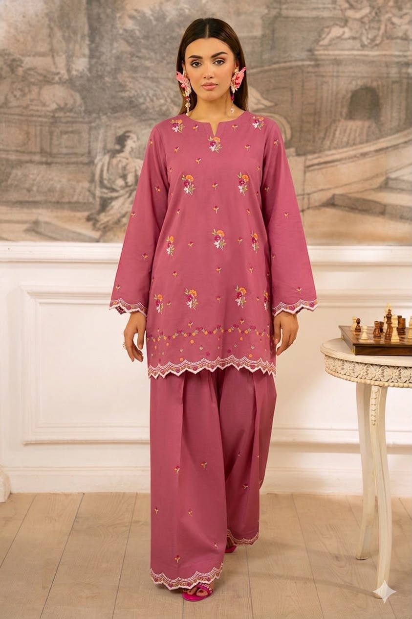 LALE Premium Embroidered Lawn 2-Piece Suit – Magenta - Dusty Rose - #LAL-MAG-004