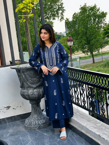 LALE Premium Embroidered Lawn 2-Piece Suit – Magenta - Midnight Blue - #LAL-MAG-007