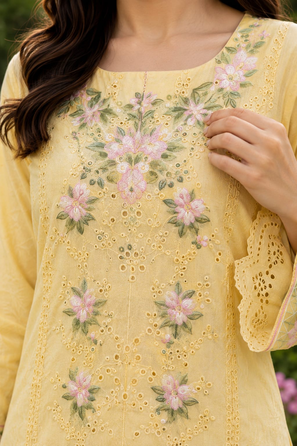 LALE Premium Embroidered Lawn 2-Piece Suit – Magenta - Butter Yellow - #LAL-MAG-008