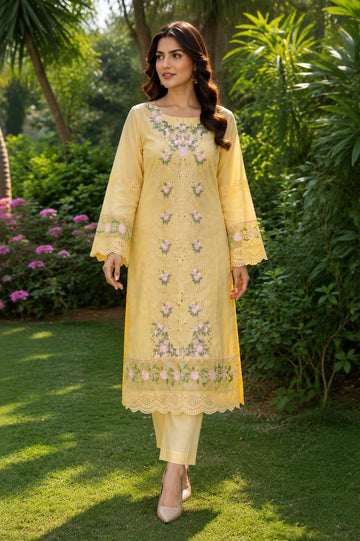 LALE Premium Embroidered Lawn 2-Piece Suit – Magenta - Butter Yellow - #LAL-MAG-008