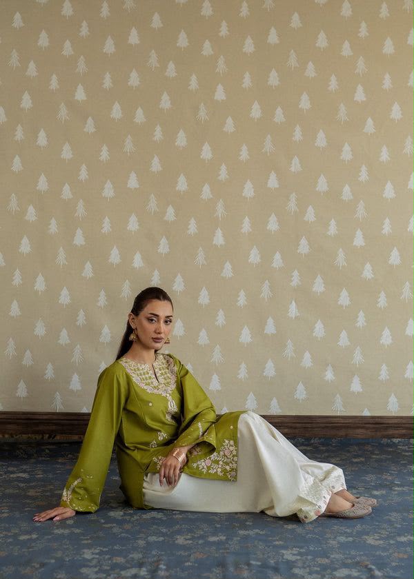 LALE Premium Embroidered Lawn 2-Piece Suit – Magenta - Olive Green - #LAL-MAG-010